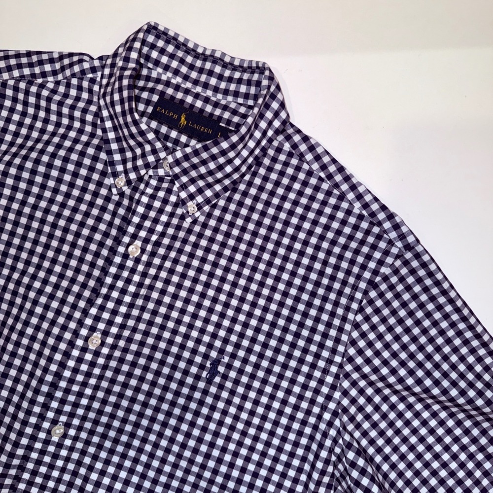 Polo Ralph Lauren Caldwell Shirt L Navy Blue Gingham Check Loop Collar Vintage